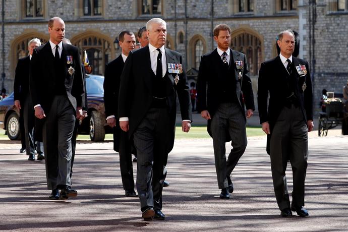 Harry and William walk behind Prince Andrew and Prince Edward as Prince Philip's funeral begins.