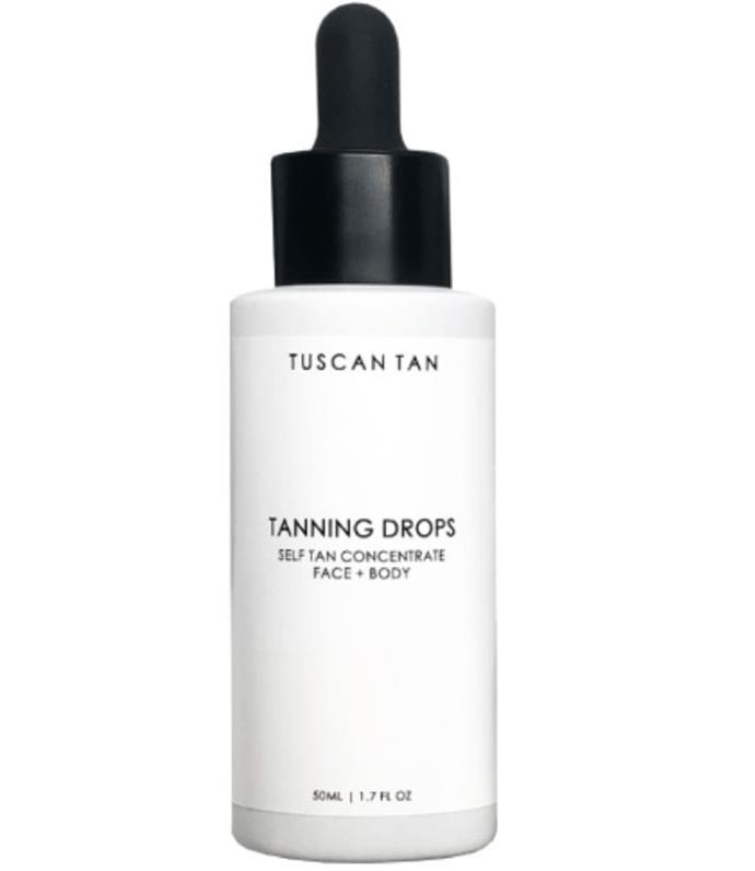 This drop based formula allows you to choose how deep you would like your hand. The product is clear, non-scented and can be used on the face for a sun kissed look - plus it is vegan. Tuscan Tan also claims to be great for those who suffer from congested skin as it does not clog or cause breakouts. 
<br><br>
**Tuscan Tan Tanning Drops, $39.95, from [Adore Beauty](https://www.adorebeauty.com.au/tuscan-tan/tuscan-tan-tanning-drops-50ml.html|target="_blank")**