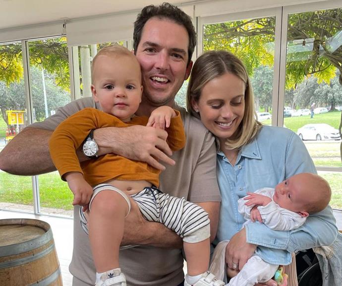 Sylvia Jeffreys and Peter Stefanovic embrace their boys Oscar (L) and Henry (R) as they enjoy a Mother's Day lunch.
