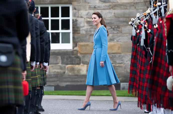 For their final stop on their royal tour of Scotland, Duchess Catherine pulled out her favourite designer, Catherine Walker to see it off at a special Beating Retreat complete with Scottish dancers and bagpipes. The cobalt blue coat dress was a royally perfect way to end it.