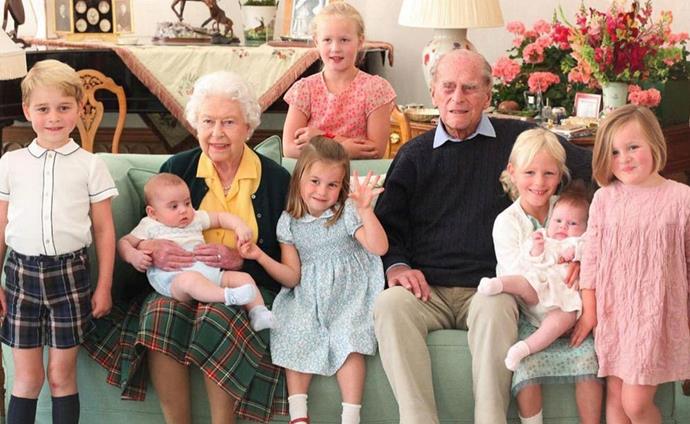 The Queen and the late Duke of Edinburgh surrounded by seven of their great-grandchildren at Balmoral Castle in 2018.