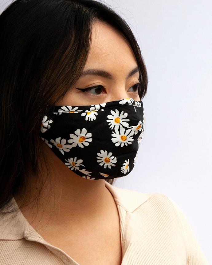 Lovisa Fabric Daisy Mask, $15.99. **[Buy it online here](https://www.lovisa.com.au/products/cotton-black-white-daisy-print-face-mask|target="_blank"|rel="nofollow")** 