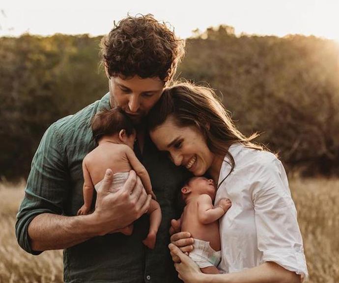 Dana shared this professional photo of her family a month after the twins were born. She wrote, "Life with newborn twins is brimming full but we already can't imagine life without them in our arms."