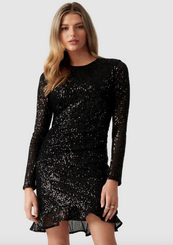 Shop Forever New Delora Draped Long Sleeve Sequin Mini Dress, $169.99 from The Iconic [here.](https://www.theiconic.com.au/delora-draped-long-sleeve-sequin-mini-dress-1343448.html|target="_blank") 