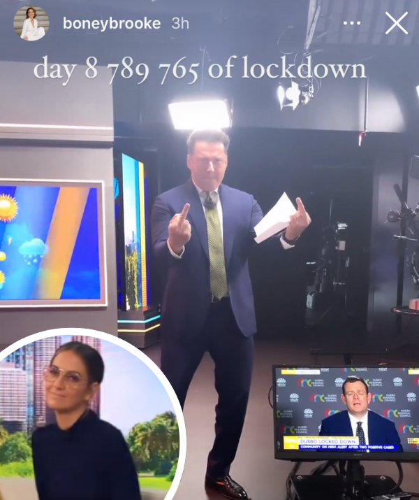 It may not be the most uplifting post, but it sure is relatable! Brooke Boney shared a video from the set of *Today,* on a morning when another 345 cases were confirmed in Sydney. Knowing this means the lockdown is sure to continue, Brooke shared a video on her Instagram Story that perfectly captured all of our moods.
<br><br>
Showing Karl flipping the bird at the camera, the video then panned to Brooke with an 'over-it' expression. 
<br><br>
"Day 8,789,765 of lockdown," she joked. We feel ya, Karl and Brooke!