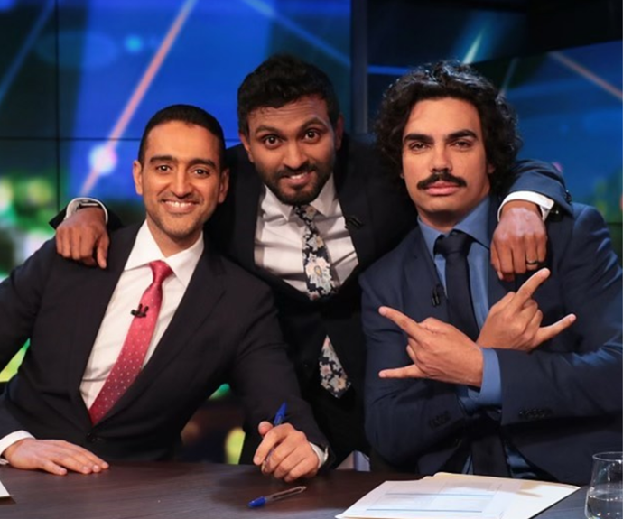 Tony poses with Waleed Aly and Nazeem Hussain on The Project.