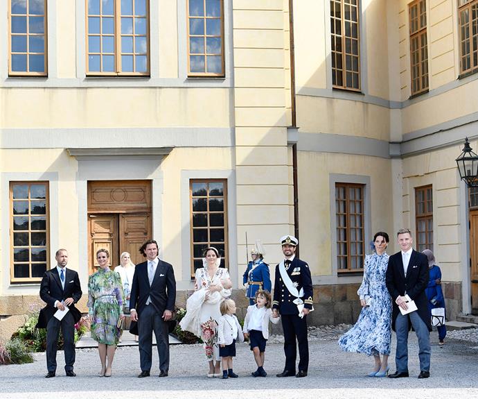 The rest of the royal family joined the proud parents for photographs outside the Drottningholm Palace Chapel, where the christening was held.
