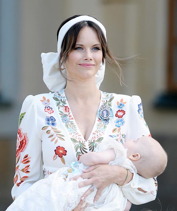 Princess Sofia wore a white gown with colourful floral embroidery by Italian designer Etro, which she paired with a white headband tied in a large bow.