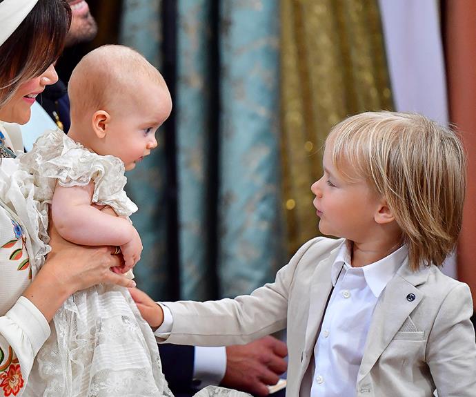 Photographers captured this adorable moment between baby Julian and his elder brother Prince Gabriel in the chapel.