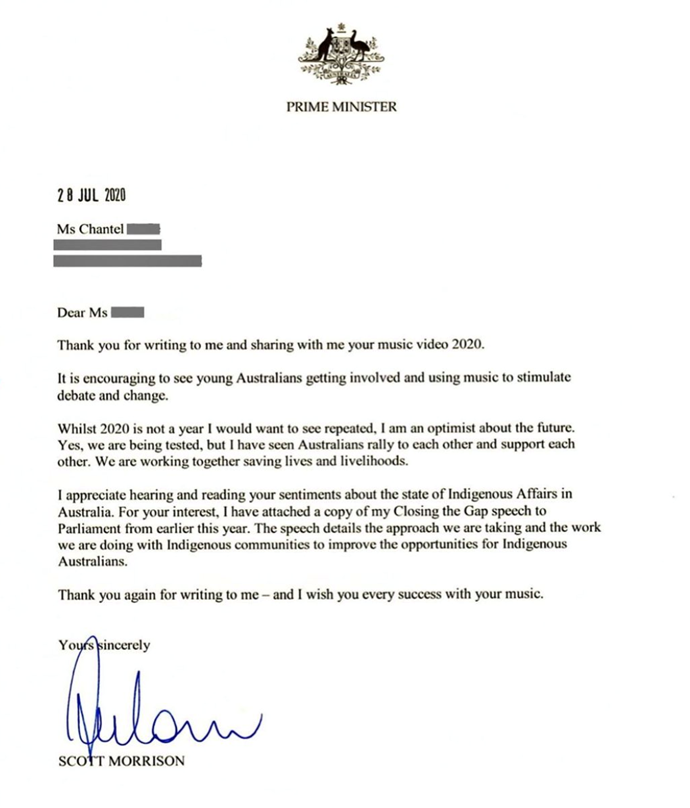 Prime Minister Scott Morrison sent Chantel this letter to celebrate her song 2020.