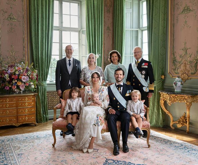 Sweden's King Carl XVI Gustaf and Queen Silvia joined Princess Sofia, Prince Carl Philip and their sons for a second portrait, along with Sofia's parents Marie and Erik Hellqvist.