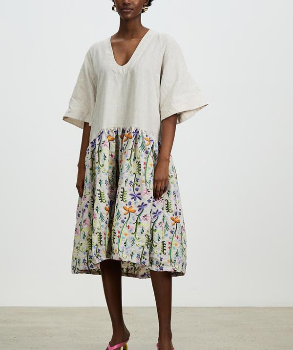 For a relaxed look, try this smock style. 
<br><br>
[Shop the Romance Was Born Embroidered Floral Linen Shift Dress for $550 (currently on sale for $330) from The Iconic](https://go.skimresources.com?id=105419X1569321&xs=1&url=https%3A%2F%2Fwww.theiconic.com.au%2Fembroidered-floral-linen-shift-dress-1288787.html%3Futm_source%3Dgoogle%26utm_medium%3Dau_sem_nonbrand%26utm_content%3DRomance%2520Was%2520Born%26utm_campaign%3DAU_NC_Designer_PG_Brands%26utm_term%3DPRODUCT_GROUP%26gclsrc%3Daw.ds%26gclid%3DCjwKCAjw3_KIBhA2EiwAaAAlipdZRaJwMVKwT3YnUupJiKlVwqz9da8PBVM_3QGTDQXbxUlndPxjIRoCnc4QAvD_BwE|target="_blank").