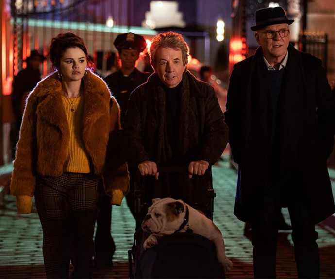 Mabel (Selena Gomez), Oliver (Martin Short) and Charles (Steve Martin) with Winnie the bulldog.
