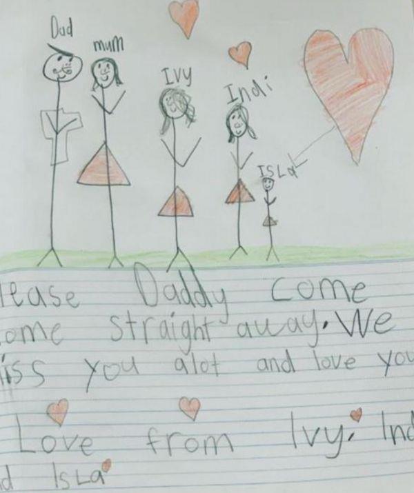 The letter and drawing David's daughters made for him when he was in India.