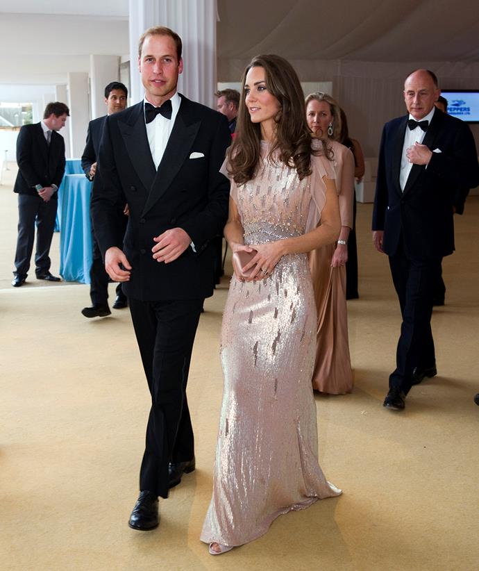 Embellishments are a common sight on Jenny Packham's gowns, such as this metallic frock Catherine wore to the ARK 10th Anniversary Gala Dinner in 2011, shortly after marrying Prince William.