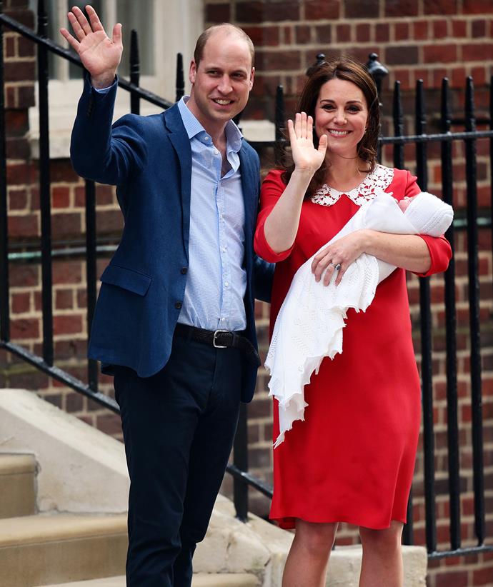 Three for three! The duchess chose a vibrant red dress with a delicate white lace collar when she gave the world its first glimpse of baby Louis in 2018.