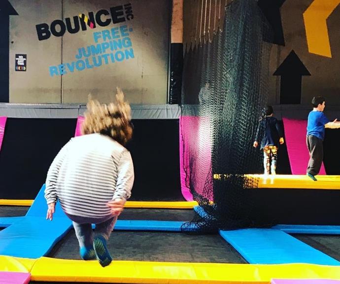 The radio host captioned this fun-filled image, "Saturday morning bounces for my middle pin's 6th birthday. How good is @bounceinc ? And why do my kids never want to leave that place and yet never go on the trampoline we have at home 🤔
<br><br>
"Kit had the best birthday party ever and I even kept my sanity! Winning all round 👍🏼 #bounceinc"