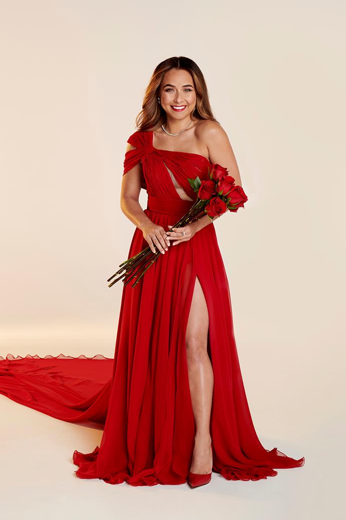 Brooke wore this stunning red dress in a series of promos for the 2021 season of *The Bachelorette* and it was a hit with fans. The cut-out details and high leg slit were totally on-trend.