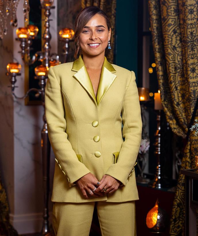 Brooke donned this little number for the second rose ceremony and we're loving the '80s powersuit revival. The custom lime green tuxedo was created for the Bachelorette by Oglia-Loro Couture.