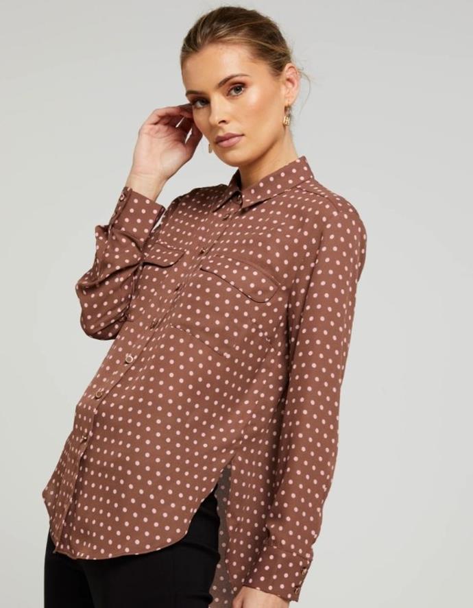 Jayden Shirt, $67.46, [Portmans.](https://www.portmans.com.au/shop/en/portmans/jayden-shirt-770144-choc-pink-spot-1|target="_blank") 