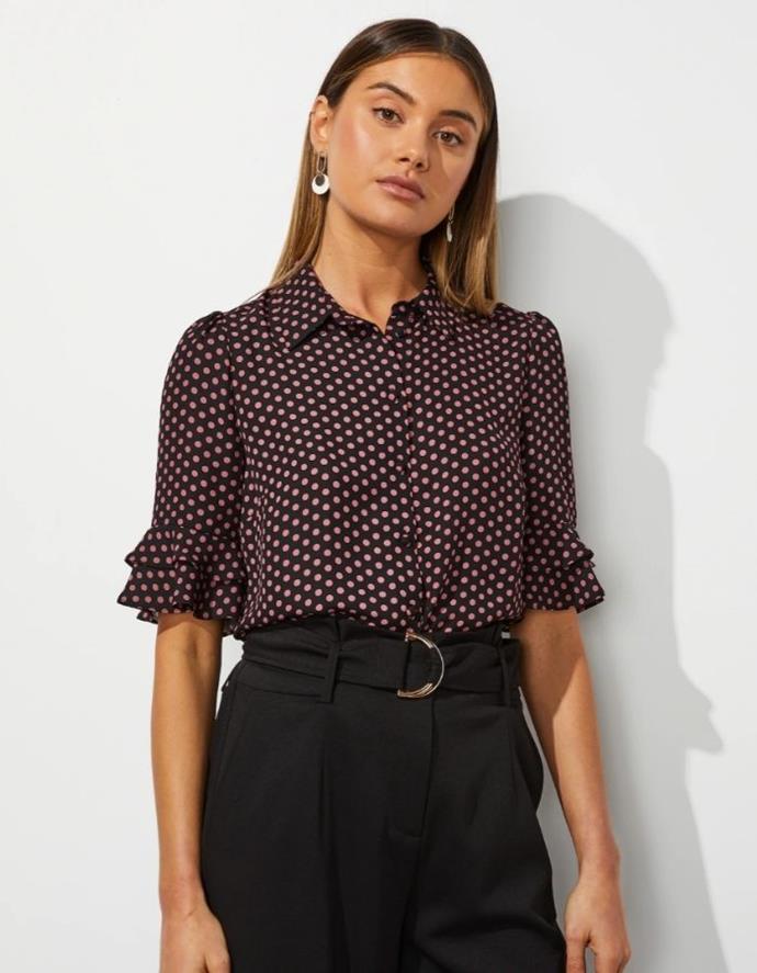Kayla 3/4 Printed Button Up Shirt, $52.46, [Portmans.](https://www.portmans.com.au/shop/en/portmans/kayla-3-4-printed-button-up-shirt-771479-black-rose-spot-1|target="_blank") 