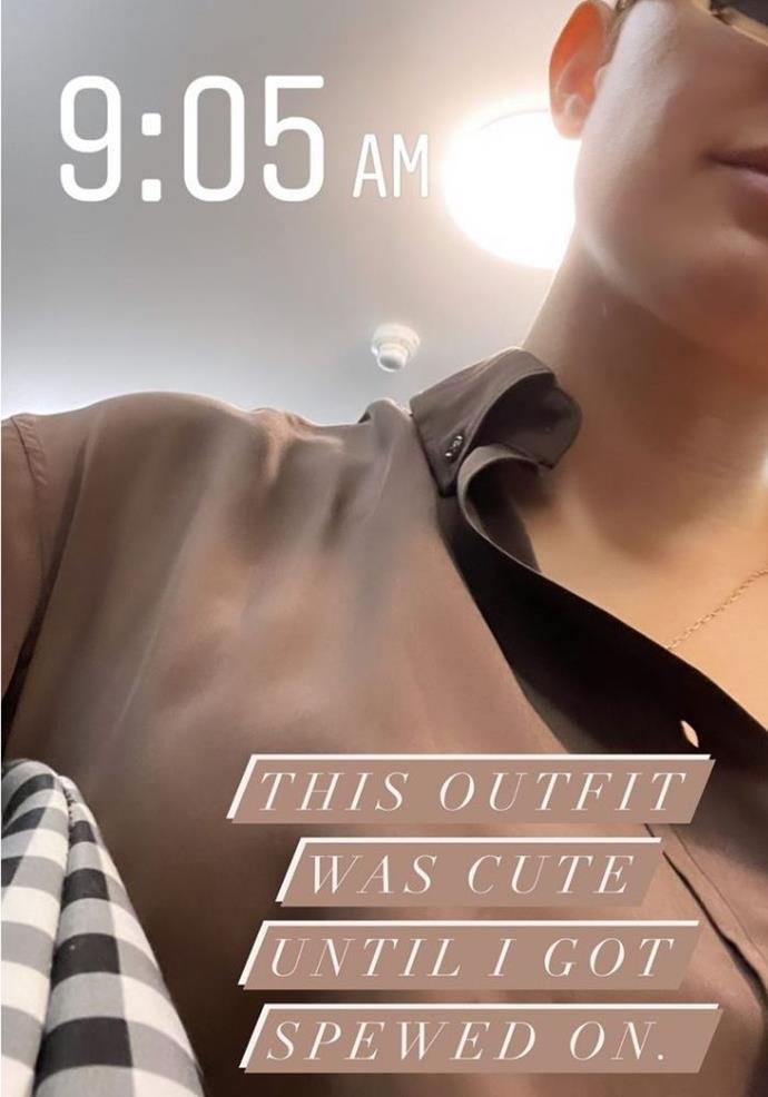 Like many mums, Jesinta made the mistake of wearing her favourite outfit with a newborn, only to reveal: "This outfit was cute until I got spewed on."
<br><br>
The accident which occurred in the morning is just another motherhood reality she has shrugged off... after all, what can you do?