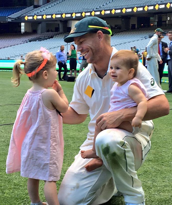 The Aussie cricket icon even got his girls involved, bringing them to the pitch in this cute snap from 2016. 
<br><br>
"The best, family first!!!" Candice wrote alongside the shot.