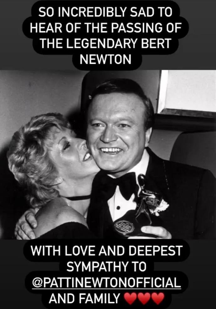 Rebecca Gibney shared this gorgeous Instagram post of Patti and Bert. 
<br><br>
The *Packed To The Rafters* star wrote, "So incredibly sad to hear of the passing of the legendary Bert Newton. With love and deepest sympathy to @pattinewtonofficial and family."