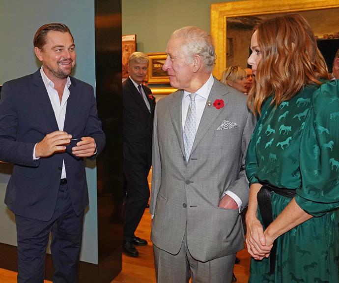 Leonardo DiCaprio looked starstruck as he chatted with Prince Charles and Stella McCartney at a sustainable fashion installation in Glasgow as part of the COP26 United Nations Climate Change Conference.