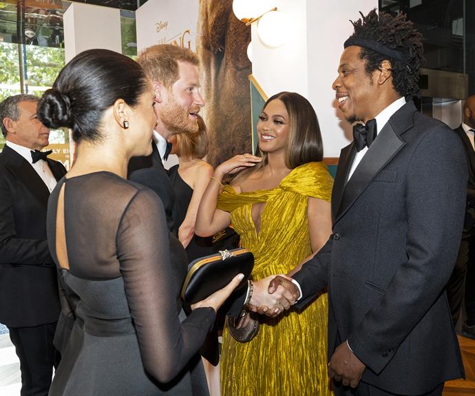 Prince Harry and Duchess Meghan have plenty of star power of their own, but even they may have been starstruck when they met Beyoncé and Jay Z at the *Lion King* film premiere in 2019.