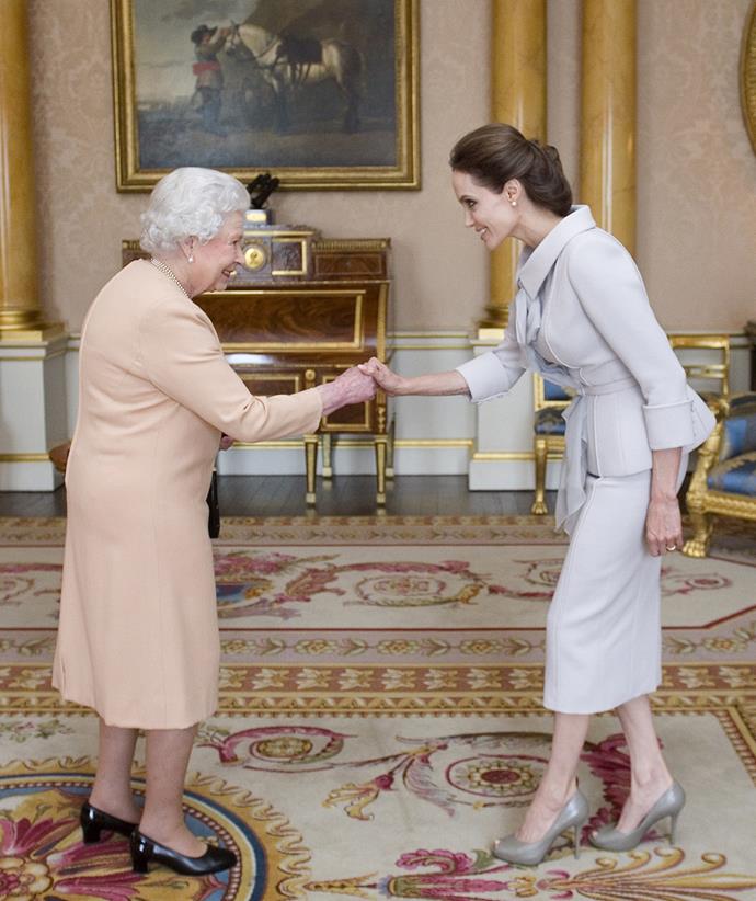 Angelina Jolie showed off her delicate curtsey when she met the Queen in 2014. The actress and humanitarian was made an Honorary Dame Grand Cross of the Most Distinguished Order of St Michael and St George... which is a mouthful.