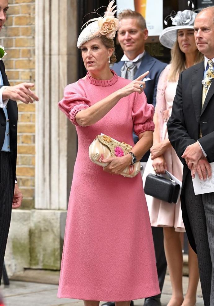 Sophie, Countess of Wessex isn't opposed to a bit of pink either. Prince Edward's wife wore this unique dress for the blessing of Flora Alexandra Ogilvy And Timothy Vesterberg's marriage.