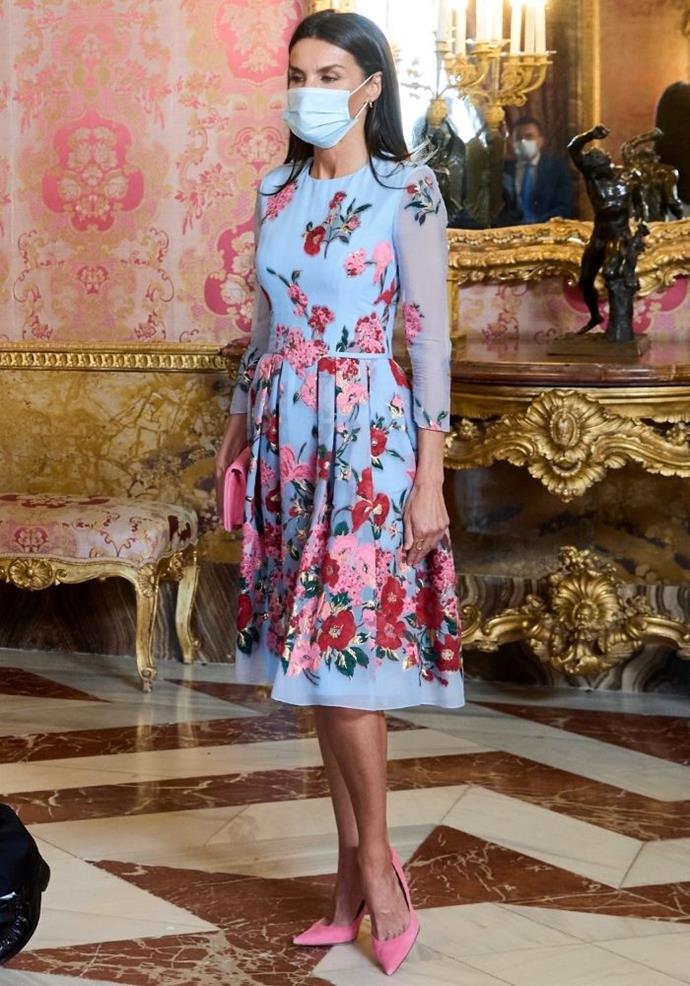 Spain's Queen Letizia is a big fan of pink, and while it isn't the star for this outfit, it's just one of many moments she has implemented the shade in her wardrobe.