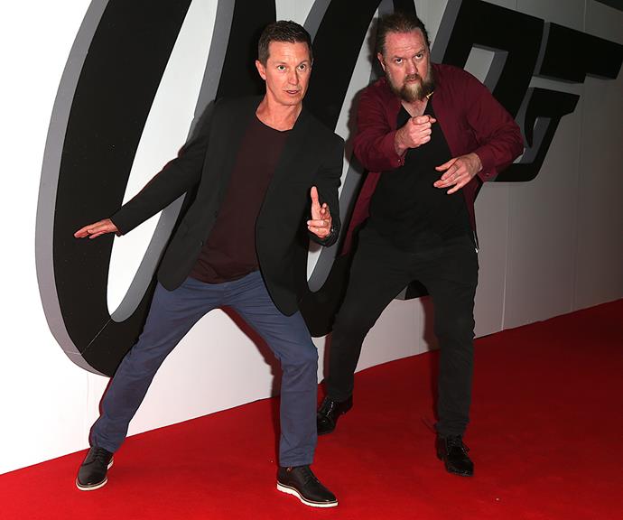 Comedians Rove McManus and Dave Callan hammed it up for the cameras on the red carpet, striking their best 007 pose.
