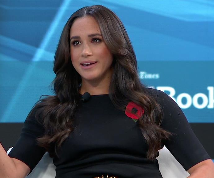 In November 2021 Meghan made an [appearance for The *New York Times* DealBook Online Summit](https://www.nowtolove.com.au/royals/british-royal-family/meghan-markle-politics-new-york-times-69907|target="_blank"). Dressed in a black blouse, wide leg trousers and her signature black suede pumps, she also wore a Remembrance Day poppy.