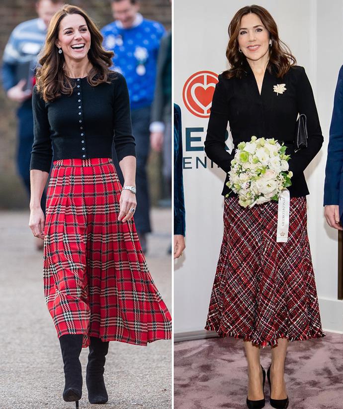 In November 2021, Crown Princess Mary took inspiration from one of Kate's most iconic outfits, pairing a tartan skirt with a black blazer in this chic ensemble. The Danish royal put a twist on Kate's original outfit by opting for a muted, textured skirt and pairing it with a tailored blazer instead of Kate's more laid-back cardigan.