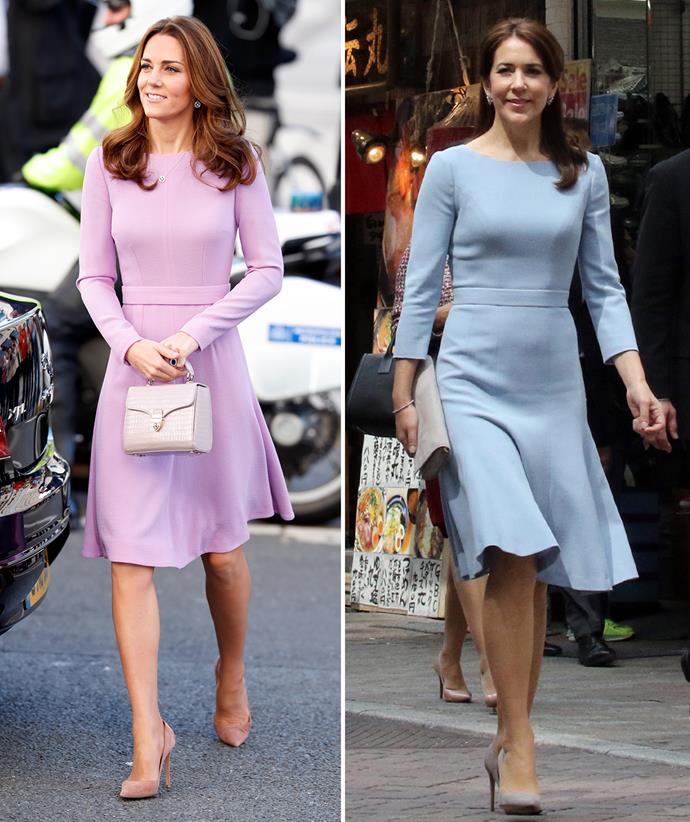 Both royal ladies own this chic Emilia Wickstead dress, just in slightly different pastel hues. Mary was spotted in the blue version in Japan in 2015, while Kate was pretty in pink for a London event in 2018.