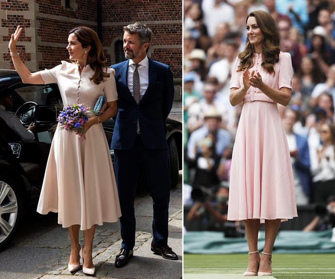 Did Catherine's pink dress at Wimbledon 2021 look familiar? That may be because it's an almost exact copy of Mary's chic nude dress by Beulah London, which she wore to attended the opening of an art exhibition in 2020.