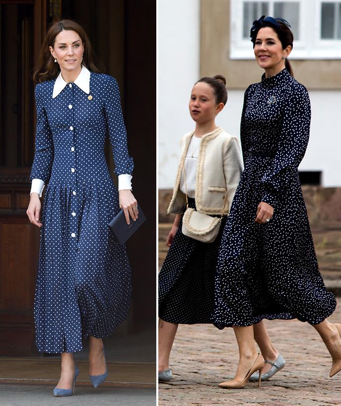 No one does navy blue with white polka dots quite like Kate, but Mary gave the trend a go for her eldest son Prince Christian's religious confirmation service.