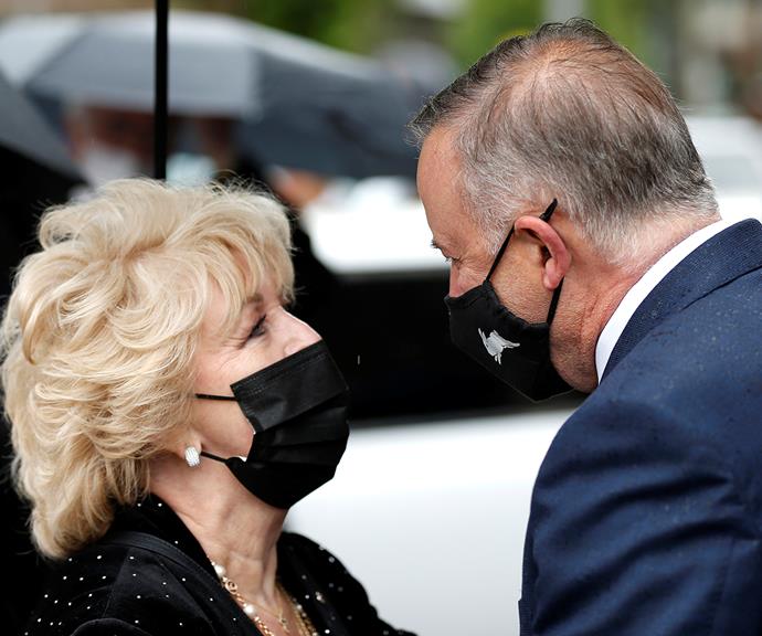 Patti chatted to Labor leader Anthony Albanese after the state funeral came to a close.