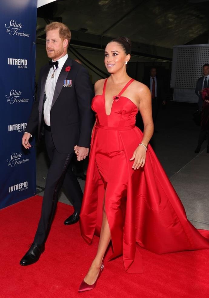 Meghan dazzled in her red Carolina Herrera gown at the Salute To Freedom Gala in November 2021. But keen royal watchers would have noticed a proud Harry locking hands with his gorgeous wife.