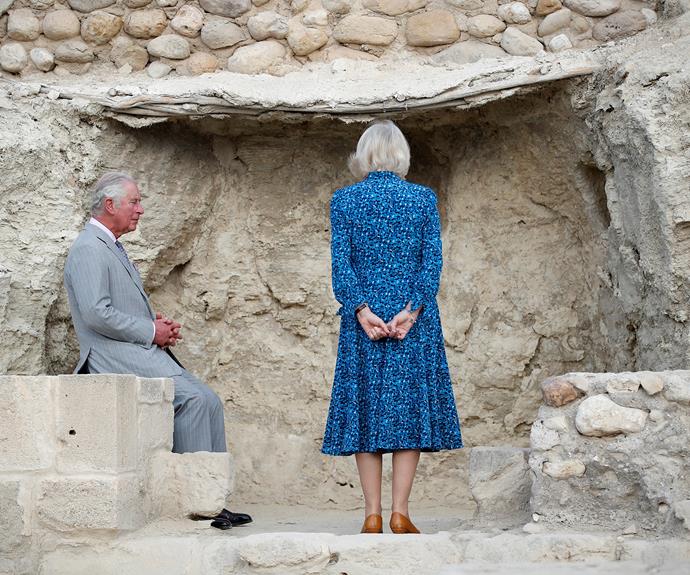 Nearby, they toured toured Elijah's Hill with HRH Prince Ghazi and the couple took a quiet moment together. This site is believed to be where Elijah ascended to heaven in the 9th Century BC and features a cave, as well as the remains of a 5th Century church.