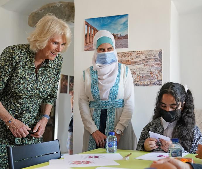 Camilla then travelled to Princess Taghreed Secondary Girls School, where she met with "talented, creative and smart young ladies and children" as pupils attended their classes.