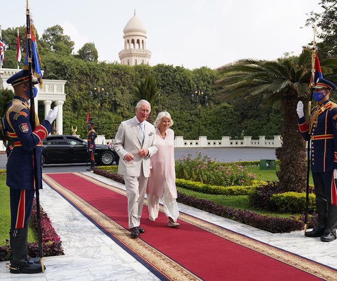 Charles and Camilla headed to Egypt on Thursday, where they first visited the lavish Al-Athadia Palace. Camilla donned another outfit reminiscent of Diana's, pairing a pink tunic with loose white trousers.