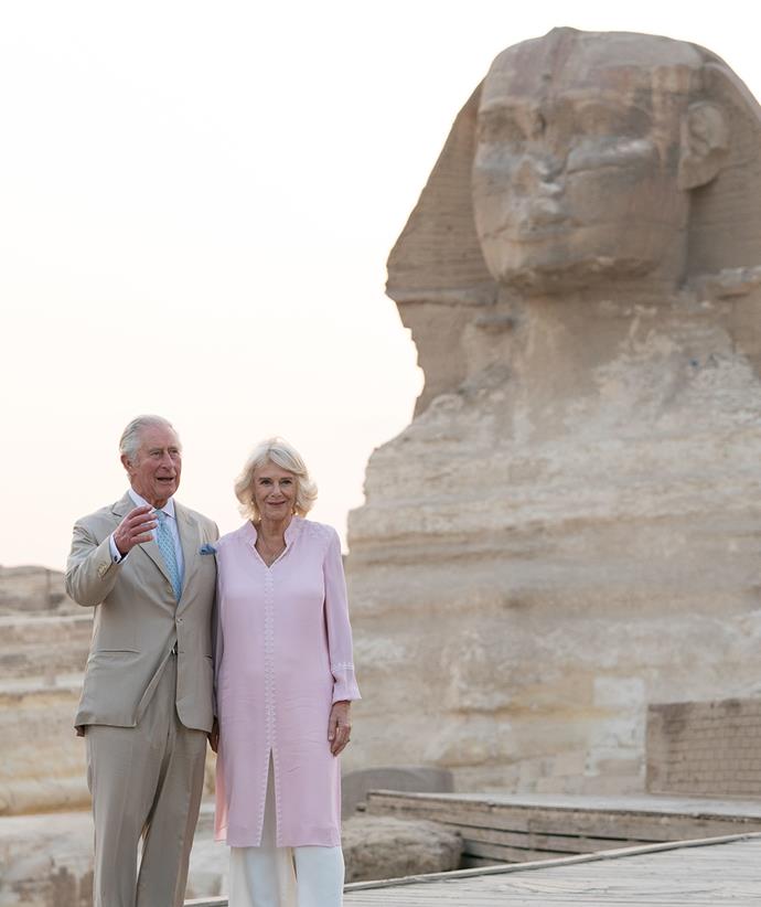 Then it was off to some of the nation's most iconic landmarks, where Charles put his arm around his wife as the posed in front of the Sphinx.