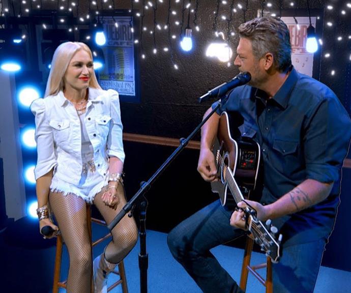 **Blake Shelton and Gwen Stefani**
<br><br>
The *No Doubt* star and the country music singer met, quite literally, in front of America. The pair both served as judges on *The Voice* and began dating in November 2015.