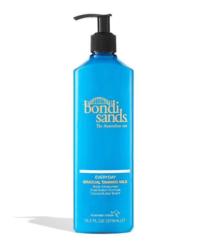 With the added benefit of sunscreen, you can protect your skin while developing a golden glow. This milk contains skin-calming vitamin E and aloe vera and it smells of cocoa butter. 
<br><br>
**Bondi Sands Everyday SPF 15 Gradual Tanning Milk, $17.95, from [Bondi Sands](https://bondisands.com.au/products/everyday-gradual-tanning-milk|target="_blank"|rel="nofollow")**