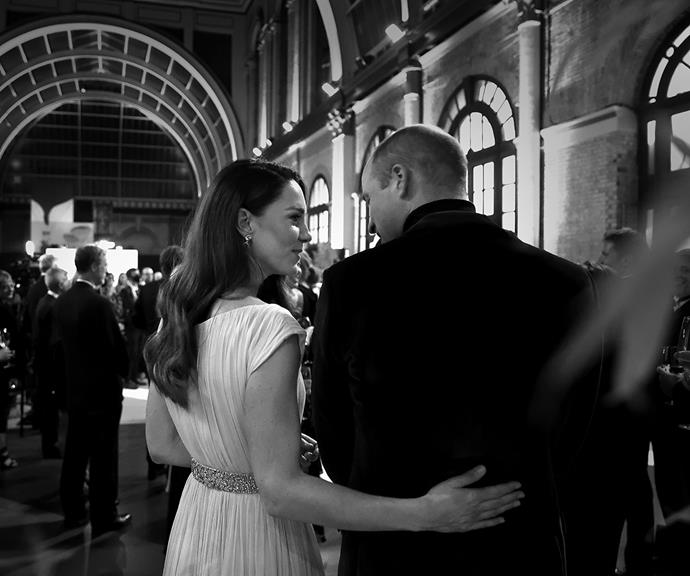 Kate put a loving arm on William's back backstage during the inaugural Earthshot Prize Awards 2021 on October 17, 2021 in London.