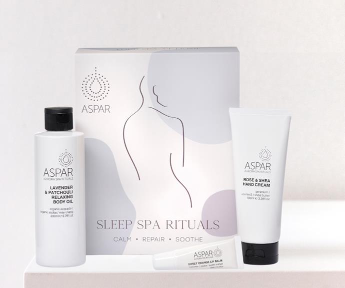 **[Spa pack](https://aspar.com.au/product/sleep-spa-rituals/|target="_blank"|rel="nofollow")**
<br>
As we head into 2022, most of us will be making resolutions that focus on self-care, and this relaxing spa pack is the perfect gift to make that happen.<br><br>
***Shop the Sleep Spa Rituals, $49.95, from [ASPAR.](https://aspar.com.au/product/sleep-spa-rituals/|target="_blank"|rel="nofollow")***