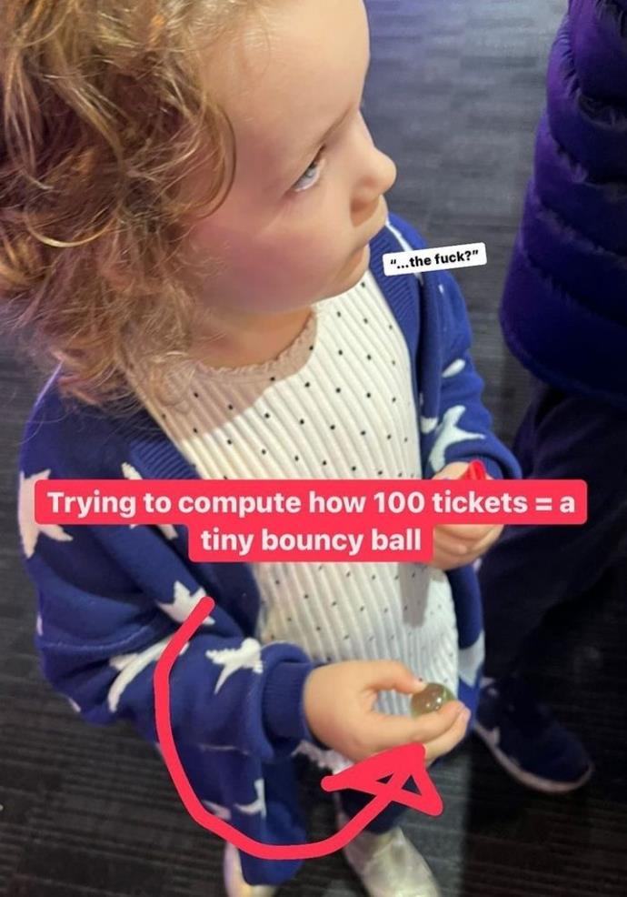 His daughter seemed to have the same concerns, as she looked appropriately irritated that her 100 tickets were only worth a bouncy ball.
<br><br>
Hamish shared a snap of her unimpressed face, which he captioned, "Trying to compute how 100 tickets = a tiny bouncy ball," and he narrated her reaction by quoting, "...the fu*k?"